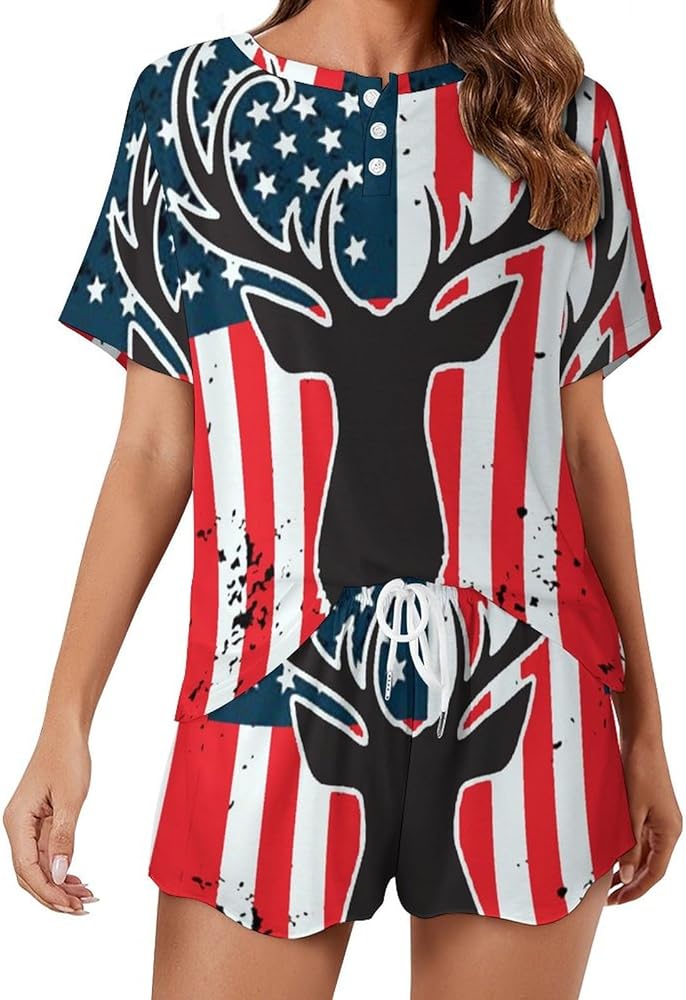 American Flag Deer Hunting Women's 2 Piece Pajamas Short Sleeve Shorts Sleepwear Set Causal Loungewear Home Suit 5XL