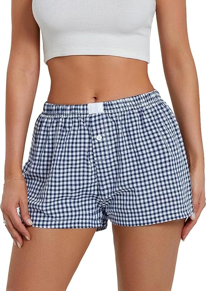 Women's Lounge Shorts Cute Soft Elastic Low Waist Plaid Print Button Front Pajama Bottoms Boxer Shorts Sleepwear