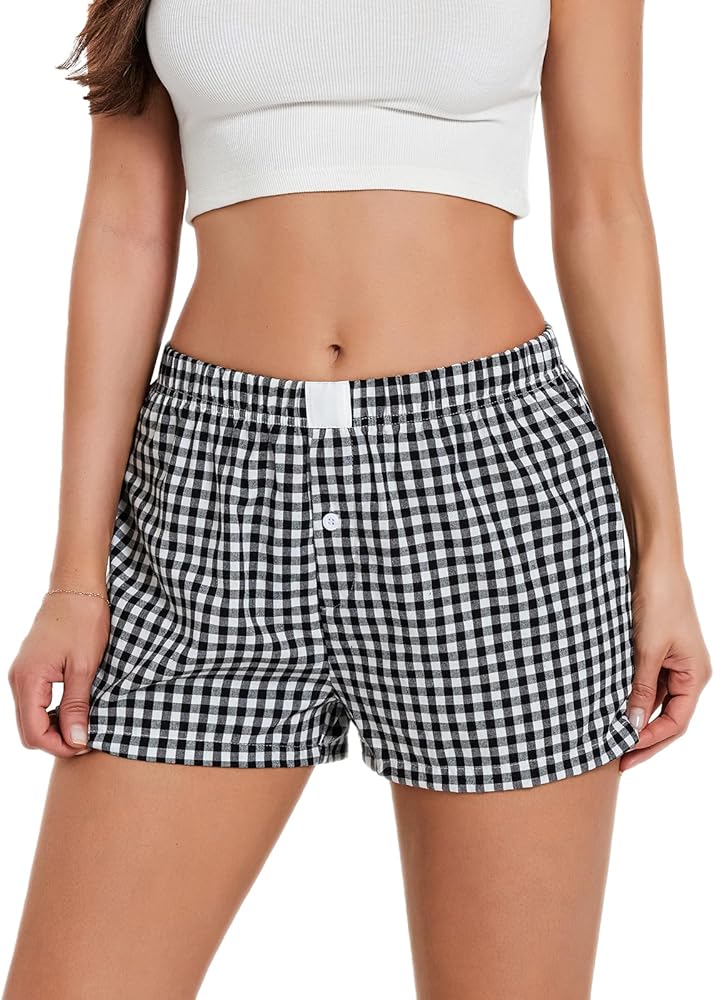 Y2K Boxer Shorts for Womens Low Waist Plaid Lounge Shorts Elastic Cute Gingham Pajamas Bottoms Summer Sleep Shorts