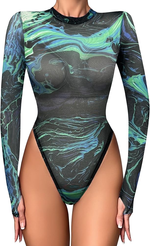 Women Rave Outfit Sexy Mesh Teddy Lingerie Bodysuit Tie Dye Mock Neck Long Sleeves Body Suit Tops