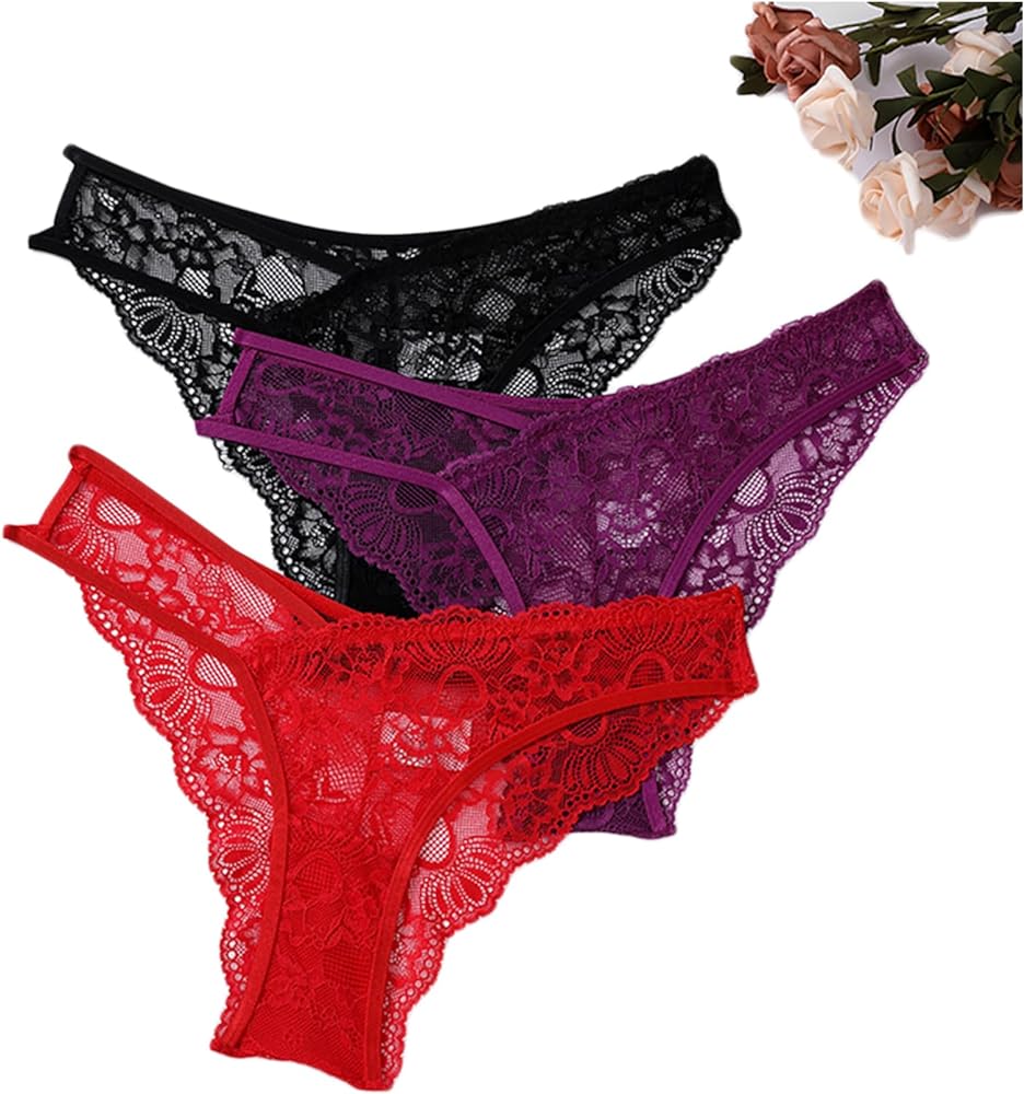 Women’s Sexy Panties Lace Panties Underwear Floral Lace Cut Out Low Rise T-Back Underpants Lace Thongs for Women Pack