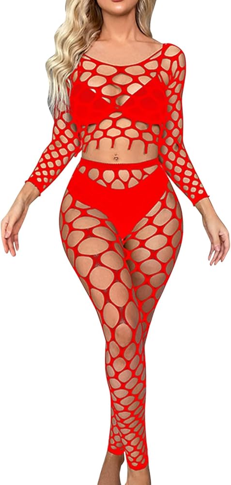 Women Sexy Flexible Fishnet Lingerie Set V-Neck Babydoll Mesh Bodysuit Teddy Two Piece Bodysuit Stripper Outfits Exotic Sets