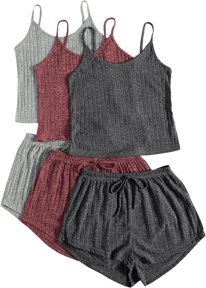 GORGLITTER Women's 3 Sets Ribbed Pajamas Set Sleeveless Crop Top and Tie Front Shorts Lounge Set Sleepwear Loungewear