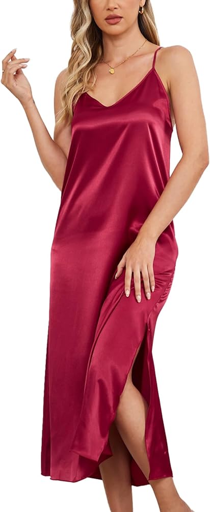 Women's Satin Nightgowns Sexy V Neck Split Long Chemise Lingerie for Ladies Slip Sleepwear Nighties