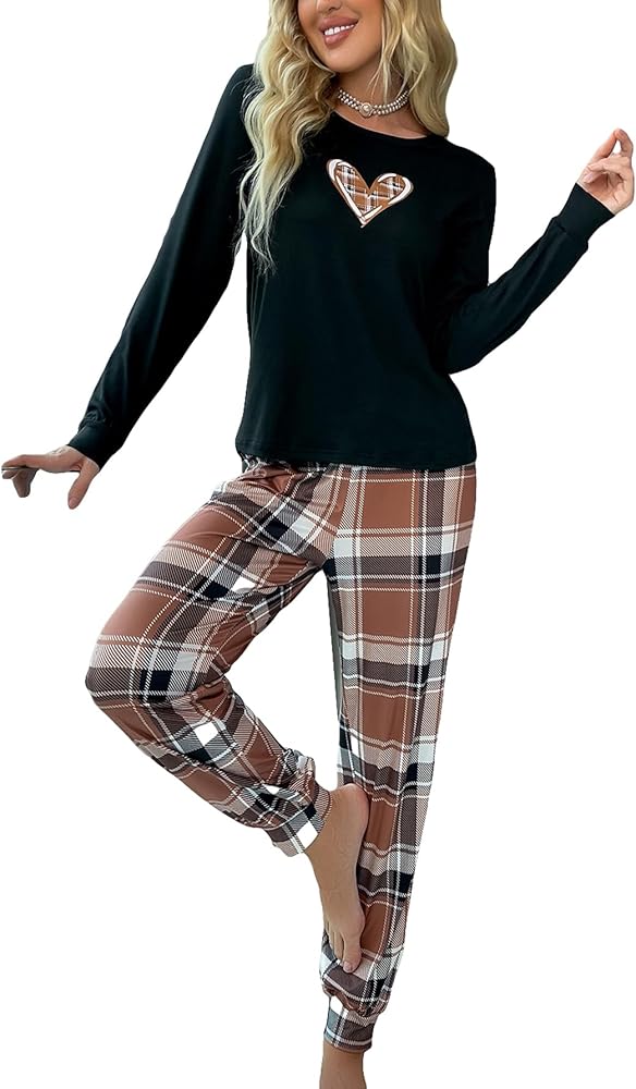 SOLY HUX Women's Plaid Heart Print Pajama Set Long Sleeve Tee Tops and Pants Loungewear Sleepwear