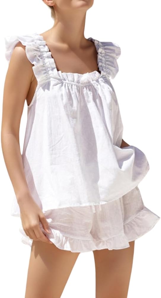 Womens Summer Pajama Sets 2 Piece Outfits Ruffle Trim Top and Shorts Cotton Loungewear Set