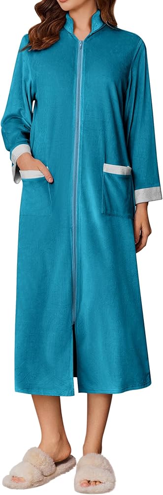 Ekouaer Women Zipper Robe Fleece Housecoat with Pockets Full Length Bathrobe Long Sleeve House Dress S-3XL