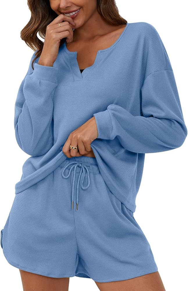 Women's 2 Piece Sweatsuits Outfits Long Sleeve Waffle V Neck Knit Pullover Biker Shorts Set Sleepwear Loungewear