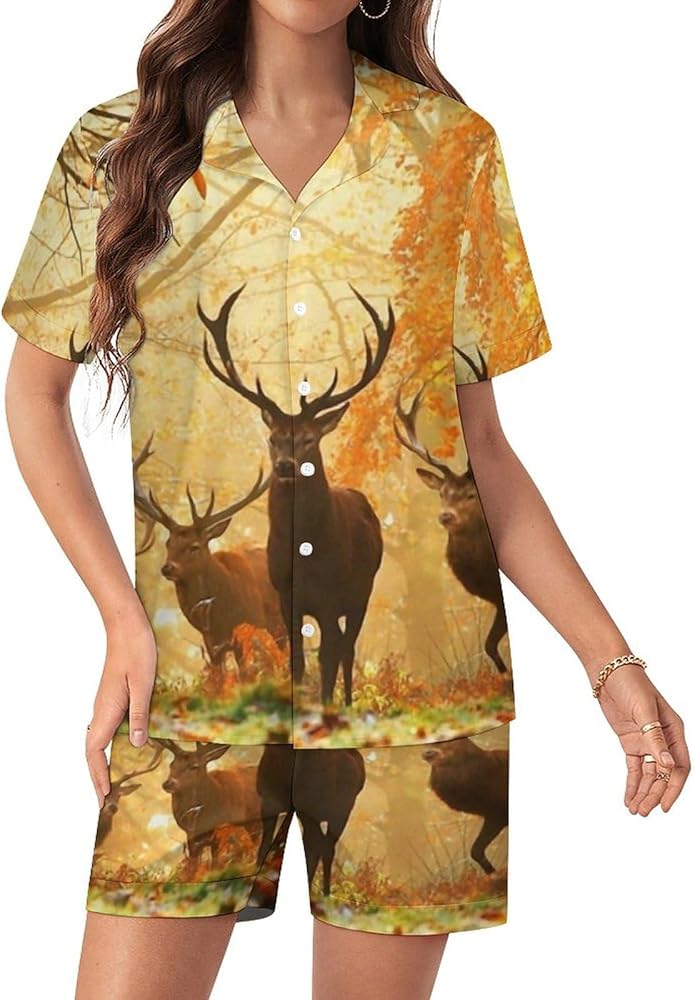 Autumn Camo Milu Deer Womens Silk Satin Pajamas Set Short Sleeve Button-Down Sleepwear Loungewear Pj Set