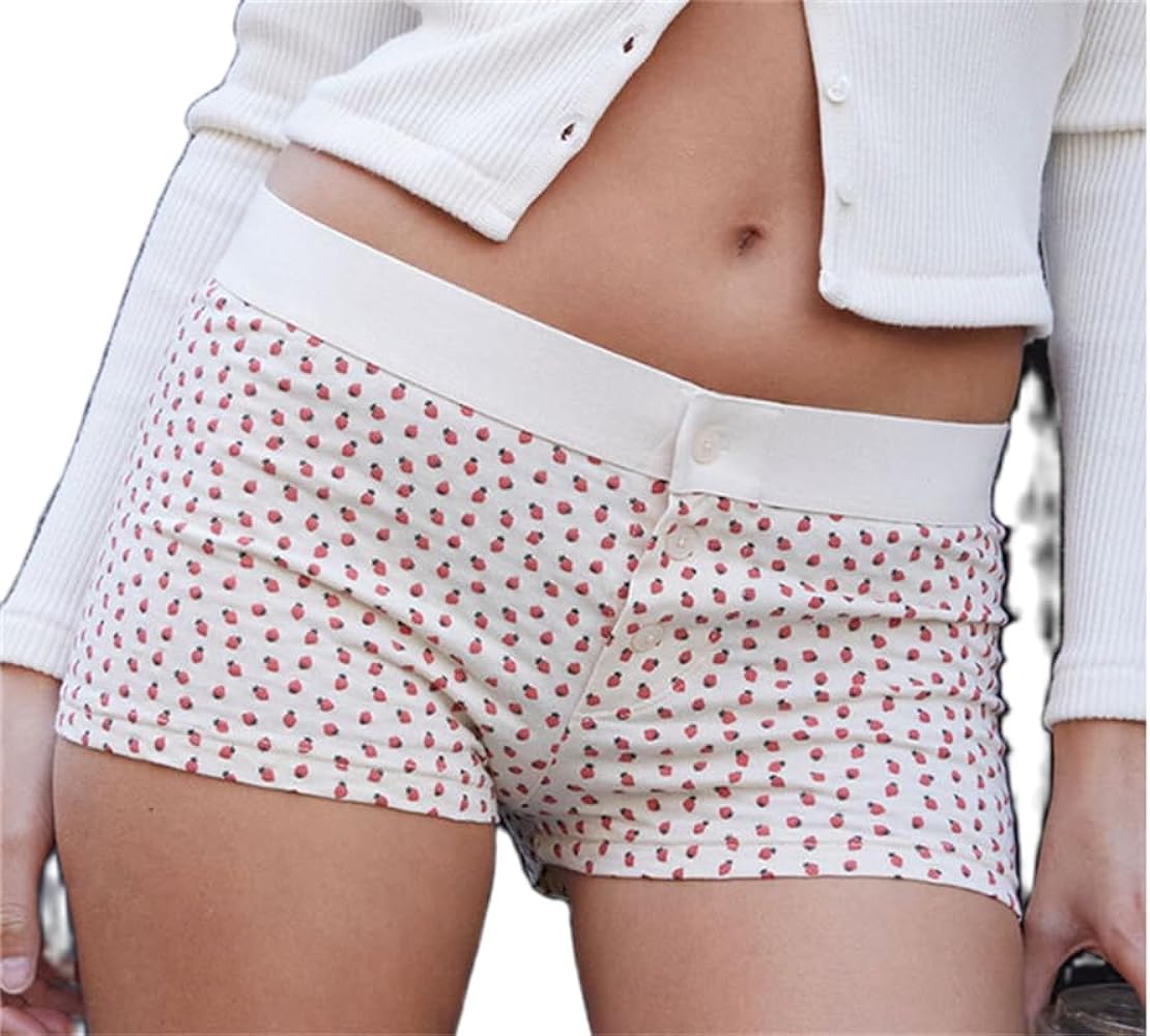 Women Lounge Shorts Cute Boyshorts Panties for Women Floral Printing Front Button Sleepwear Pj Bottoms Underwear (Strawberry-E, L)