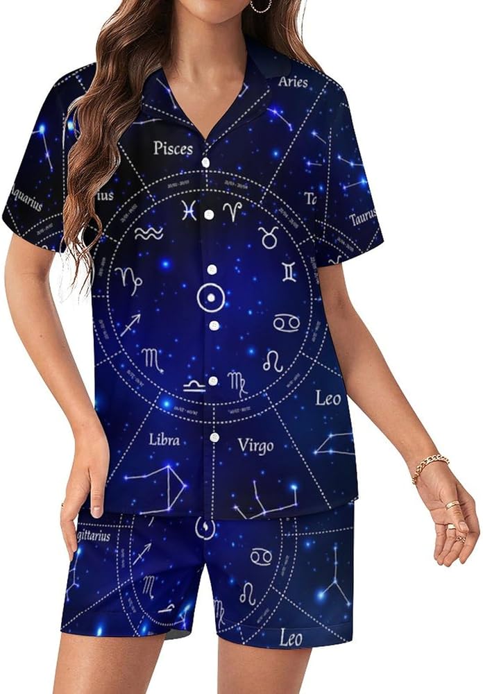 12 Zodiac Constellations Set Women's Pajamas Set Two Piece Button Down Sleepwear Short Sleeve And Shorts Loungewear