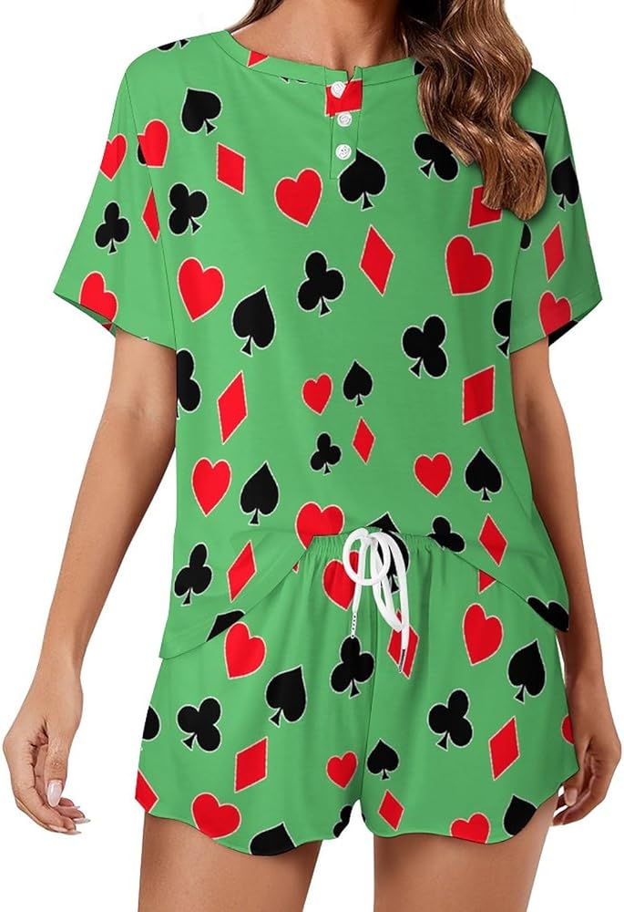 Poker Card Symbols Classic Women's Pajamas Loungewear Set Loose Short Sleeve Sleepwear With Pockets