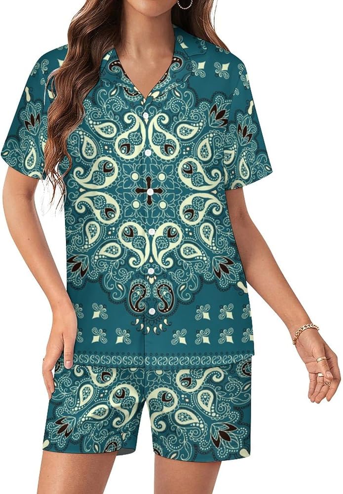 Paisley Bandana Print Womens Silk Satin Pajamas Set Short Sleeve Button-Down Sleepwear Loungewear Pj Set