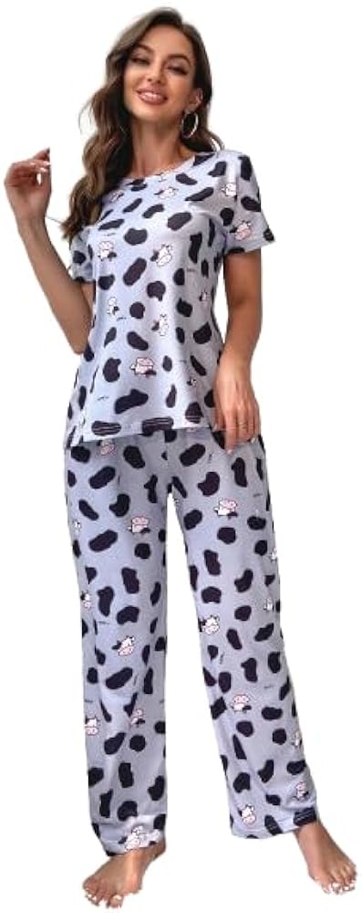 WDIRARA Women's 2 Piece Pajama Pants Set Cow Print Round Neck Short Sleeve Tee Top with Pants