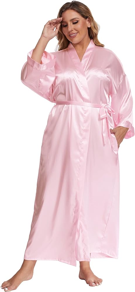 Women's Plus Size Long Satin Robes Plus Size Long Silk Robes Kimonos Sleepwear Dressing Gown