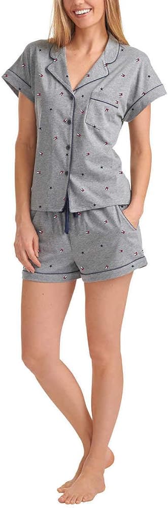 Tommy Hilfiger Womens 2 Piece Pajama Shorts Set (Grey Flag, X-Large)