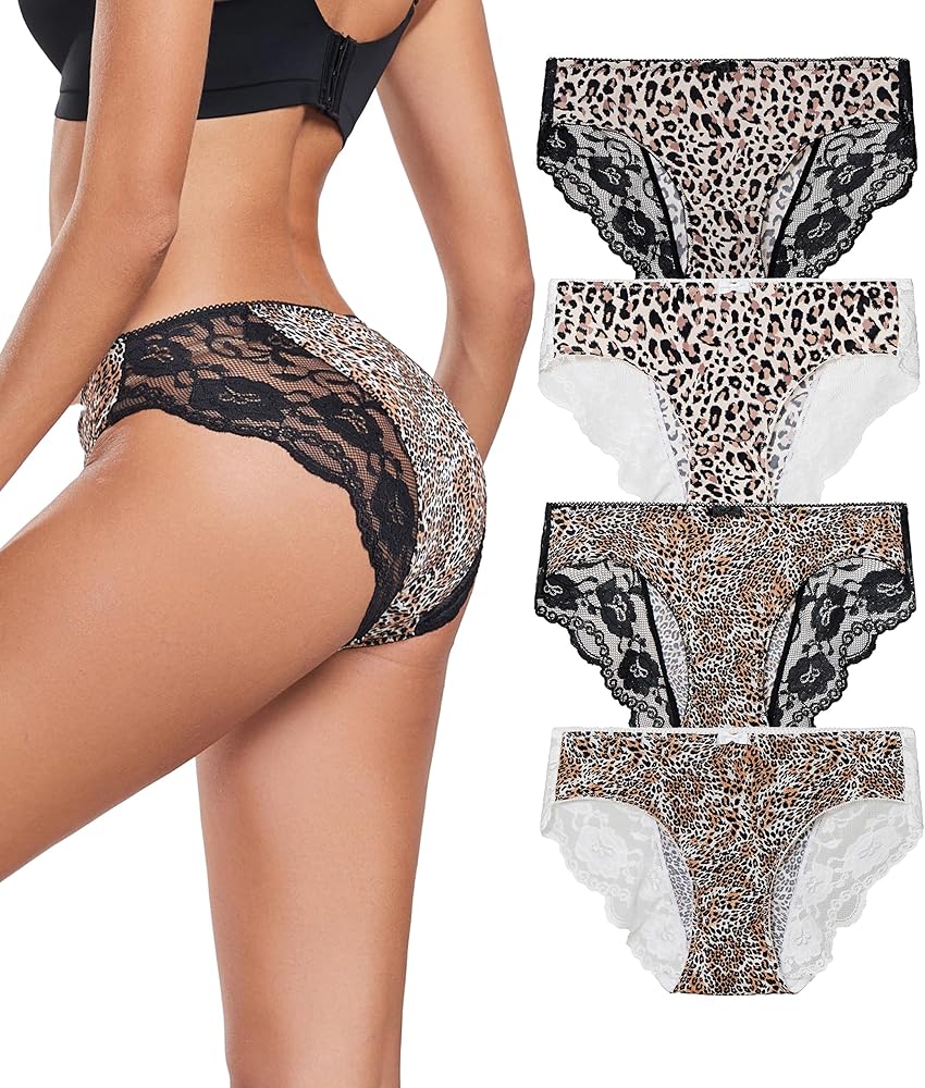 Womens Leopard Print Underwear Lace Panties Woman Nylon Ladies Bikini Sex Briefs Woman Hipster 4-Pack S-3XL