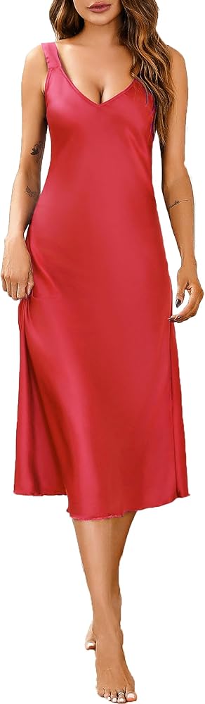 Women Long Satin Nightgown Silk Slips Dress Sexy V Neck Sleepwear Sleeveless Nightshirt Wide Strap Chemise