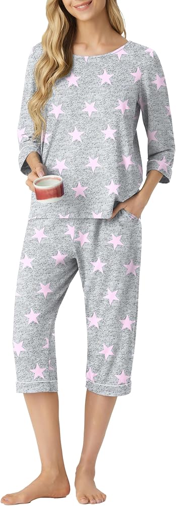 PrinStory Women's Pajama Sets Capri Pjs Sets 2 Piece Soft Lounge Sets Sleepwear with Pockets