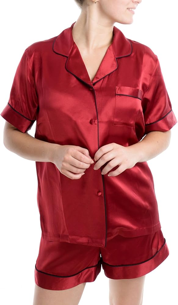 Women's Luxury Silk Sleepwear 100% Silk Short Sleeve Top Boxer Short Pajamas Set