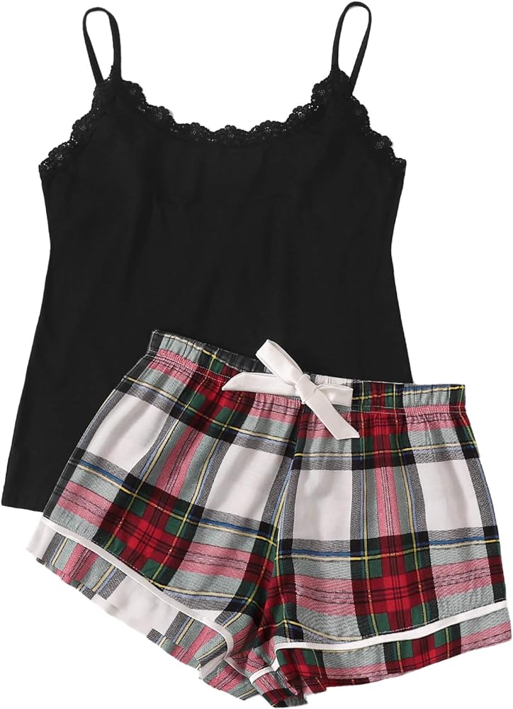 SweatyRocks Women's Sleepwear Set Plaid Print Cami Top and Elastic Waist Short Pajama Set