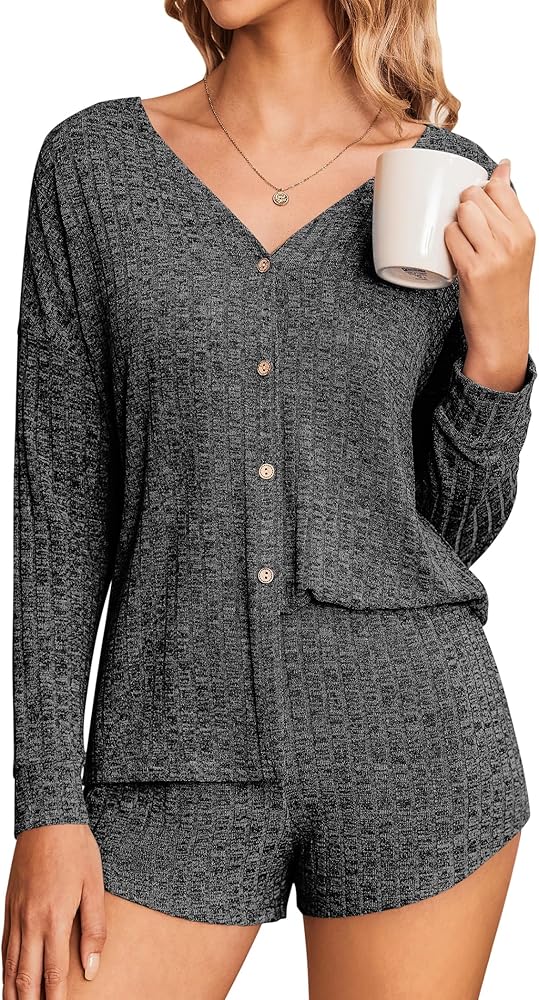 Ekouaer Ribbed Knit Pajamas Sets for Women Button-Down Loungewear Casual Shirt and Shorts 2 Piece Long Sleeve Soft Lounge Set