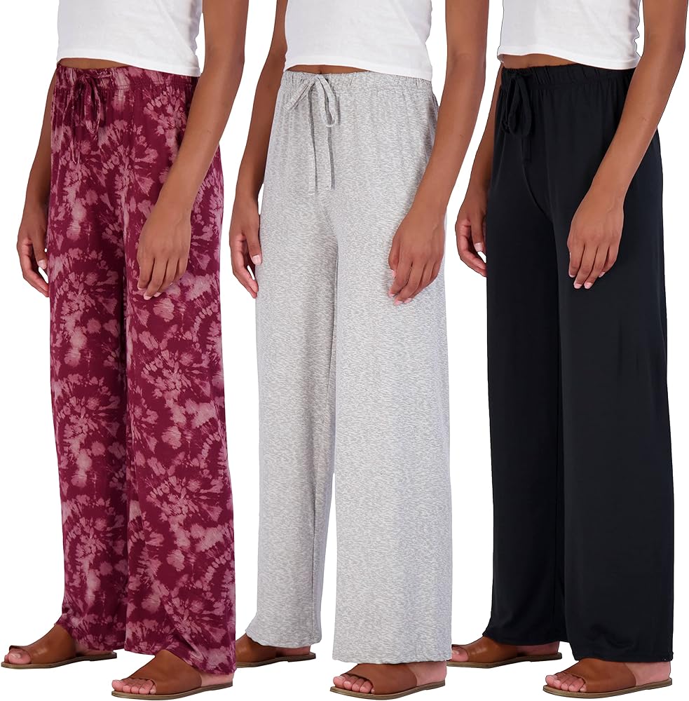 Real Essentials 3 Pack: Women's Wide Leg Palazzo Lounge Pants Drawstring - Loose Casual Pajama Pants (Available In Plus)