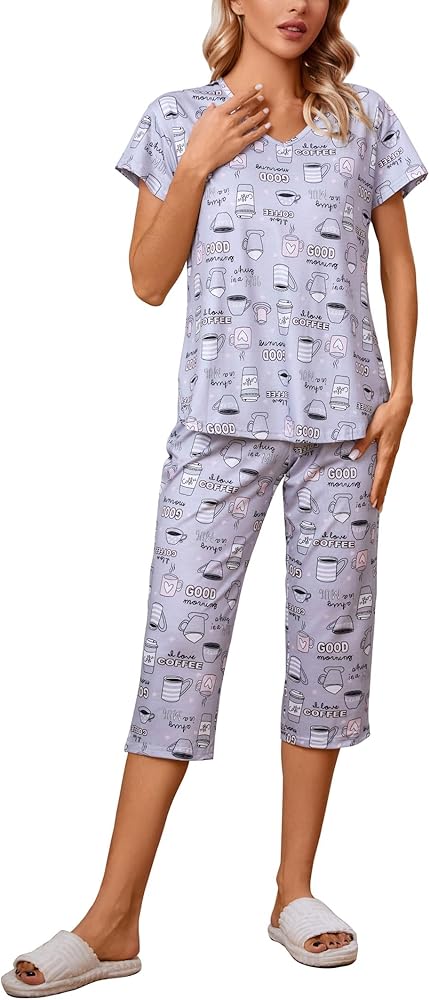 X-Image Pajamas Set for Women Lounge Wear Sets Short Sleeve Top and Capri Pants 2 Piece Outfits Casual PJ Sets S-XXL