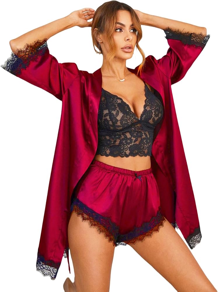 4Pcs Womens Lace Silk Pajamas Robes Set Pajamas Cami Shorts Satin Sleepwear Lace Loungewear Pjs