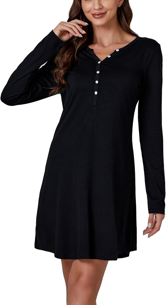 LYANER Women's Knit Crew Neck Long Sleeve Button Down Short Nightdress Sleepwear Loungewear