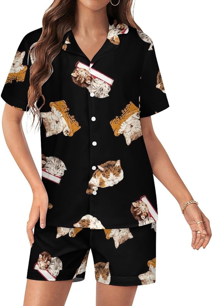 Pattern of Cat Womens Silk Satin Pajamas Set Short Sleeve Button-Down Sleepwear Loungewear Pj Set