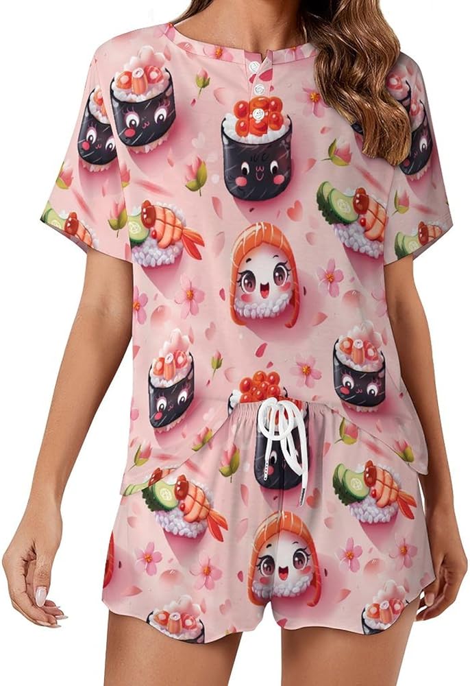 Funny Japanese Food Sushi Women's Sleepwear 2 Piece Short Sleeve And Shorts Pajama Set Casual Loungewear Sweatsuits Sets