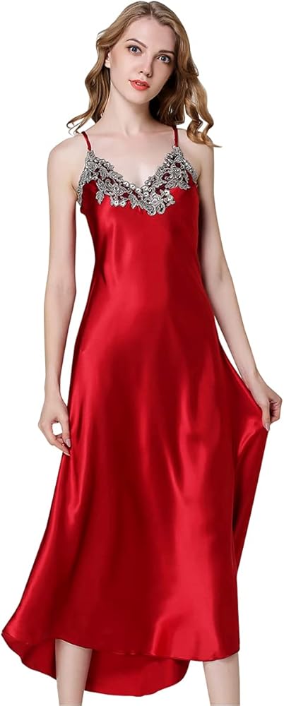 Aivtalk Women's Nightdress Lace Satin Nightgowns Sexy Lingerie Long Chemise Sleepwear