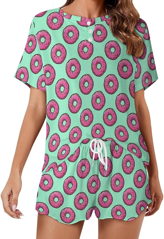 Donuts Women's 2 Piece Pajamas Short Sleeve Shorts Sleepwear Set Causal Loungewear Home Suit 5XL