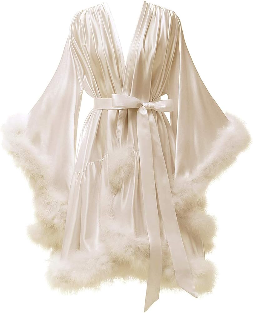 Yexinbridal Feather Fur Robe Silk Satin Bridal Dressing Gown Sexy Illusion Lingerie Nightgown Bathrobe Sleepwear