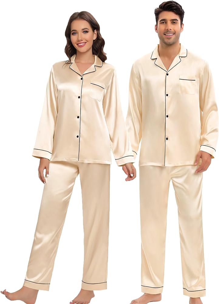 Silk Satin Pajamas Set for Couple Matching PJS Women Men 2 Piece Button Down Loungewear Sleepwear Long Sleeve Pjs Set