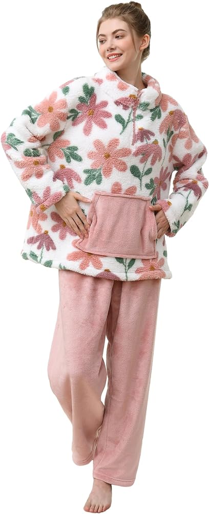 2 Piece Fuzzy Fleece Pajamas Women Winter Warm Sleepwear Sets Pullover Top & Pants Loungewear Teens Ladies Nightwear