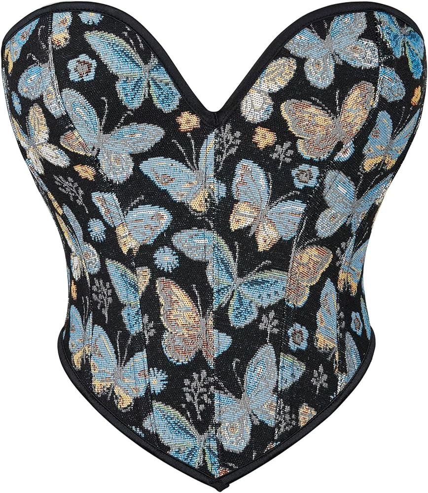 Blue Butterfly Pattern Corset Top for Women Floral Bustier Lace Up Boned Overbust Lingerie Bodyshaper