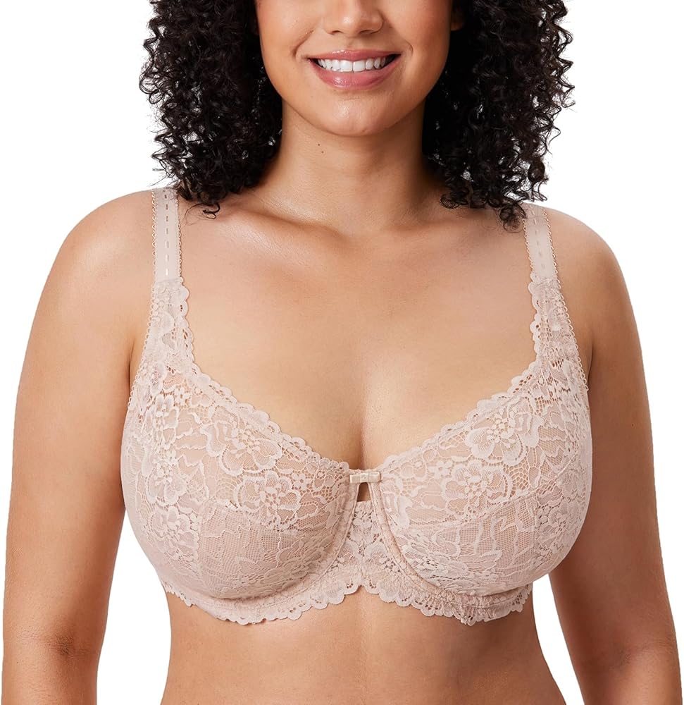 DELIMIRA Women's Plus Size Minimizer Bras Full Coverage Lace Unlined Underwire Bra B-K Cups