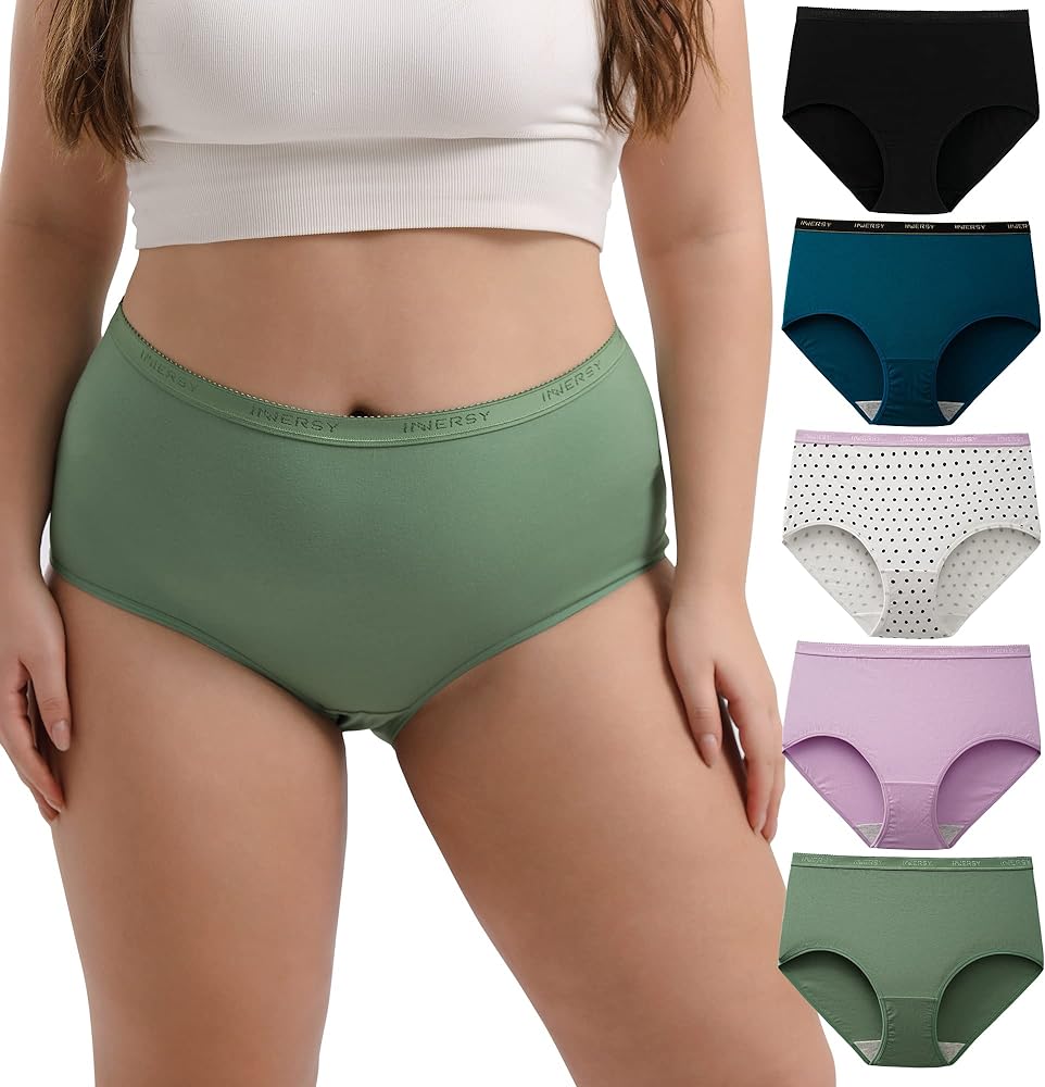 INNERSY Plus Size M-5XL Big Curvy Woman Cotton Underwear High Waist Briefs 5-Pack