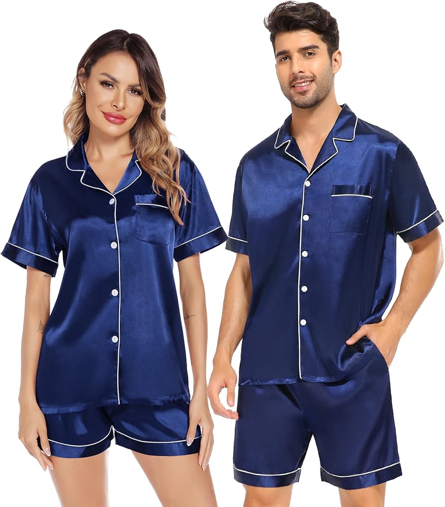 SWOMOG Satin Matching Pajamas Sets Couple Silk Button Down Nightwear Short Sleeve Sleepwear 2 Pieces Loungewear with Shorts