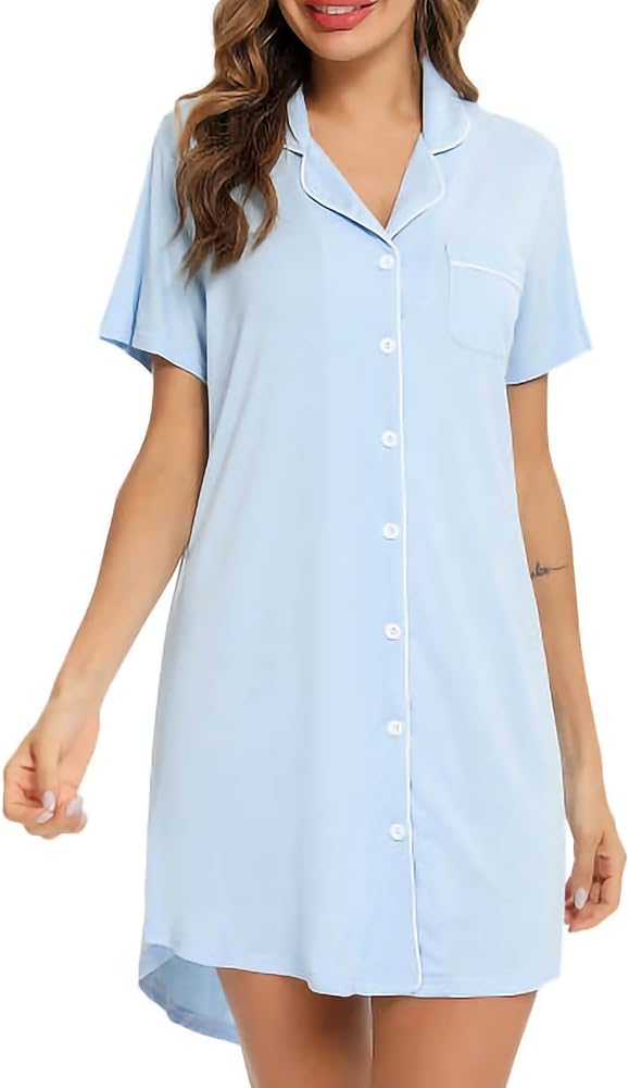 Maria Eugenia: Premium Womens Button Down Nightgown - Short Sleeve Button Down Night Shirts for Women for a Restful Night