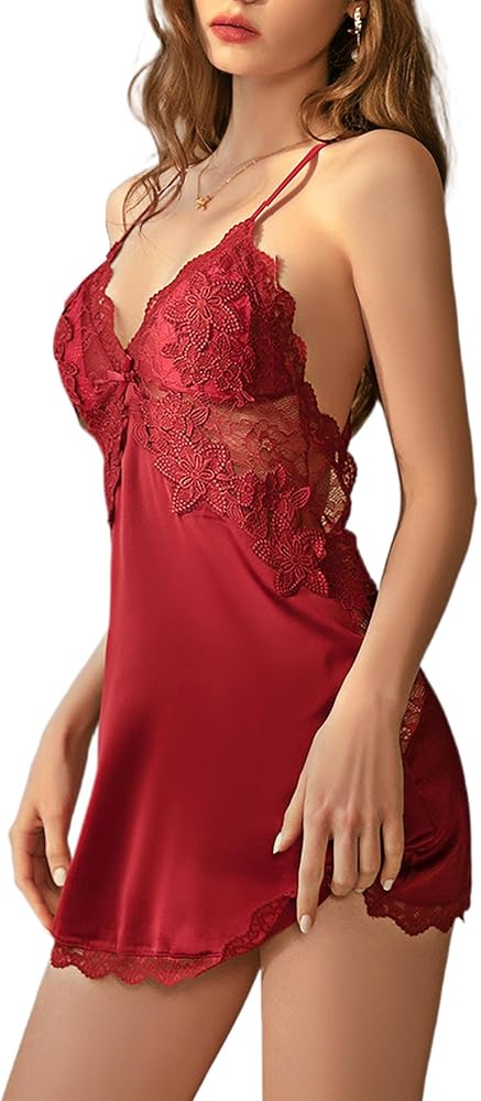 Women's Lingerie Set Sexy Dress Mini Satin Nightgown Lace Babydoll Dress Women's Sleepwear