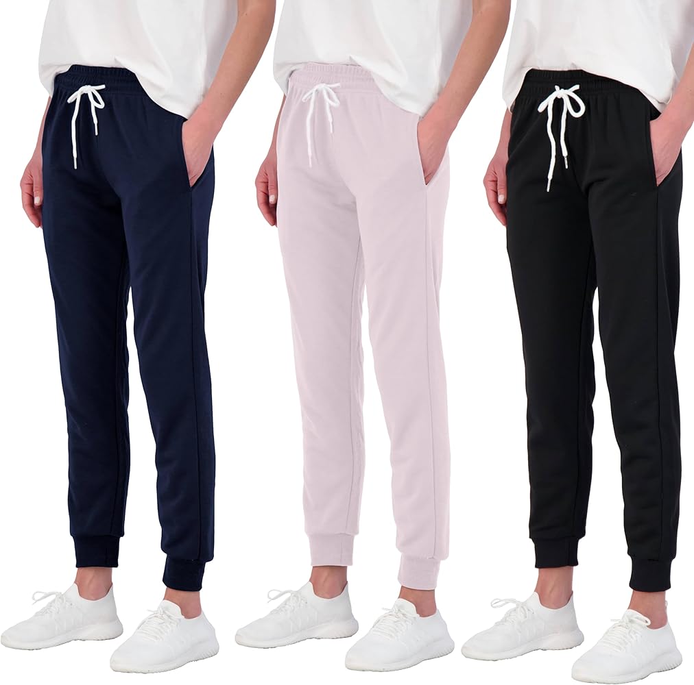 Real Essentials 3 Pack: Women's Ultra-Soft Cotton French Terry Joggers (Available in Plus)