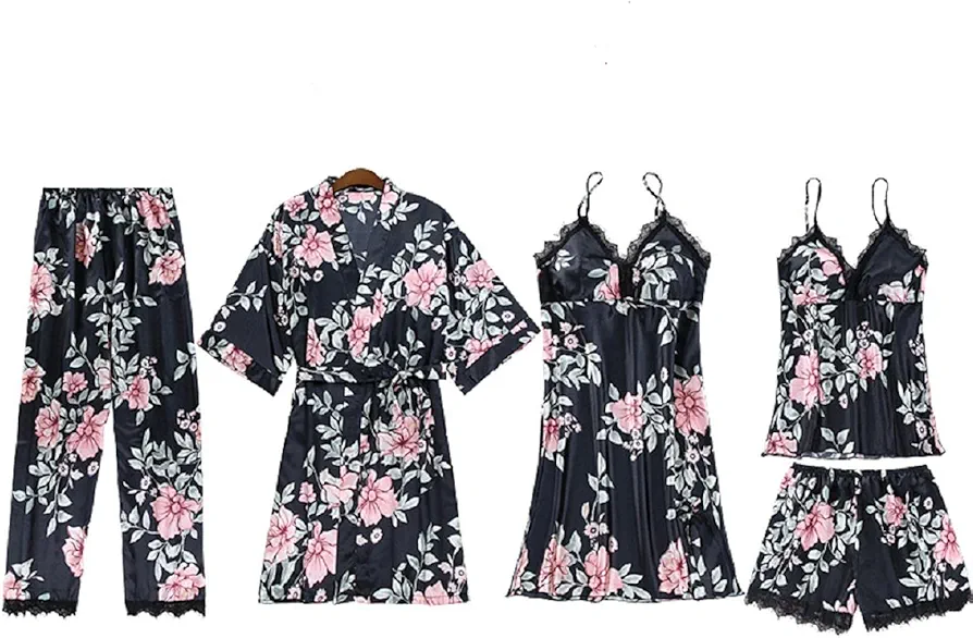 Women's 5-Piece Pajamas Women's Sleepwear Floral Lace Trim Satin Cami Pajama Set with Robe M 936fivepieceset-Black