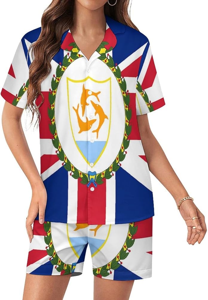 Anguilla Flag Womens Silk Satin Pajamas Set Short Sleeve Button-Down Sleepwear Loungewear Pj Set