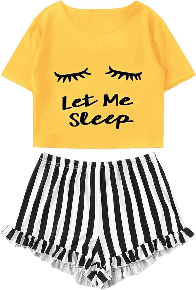 WDIRARA Women's Sleepwear Closed Eyes Print Tee and Striped Shorts Cute Pajama Set