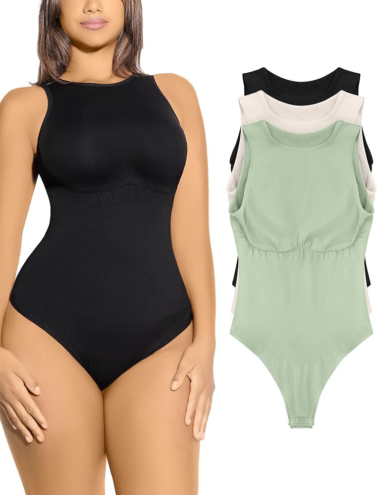 FeelinGirl 3 Packs Bodysuits for Women Tummy Control Thong Fashion Tank Tops Leotard High Neck Racerback with Snap Seamless