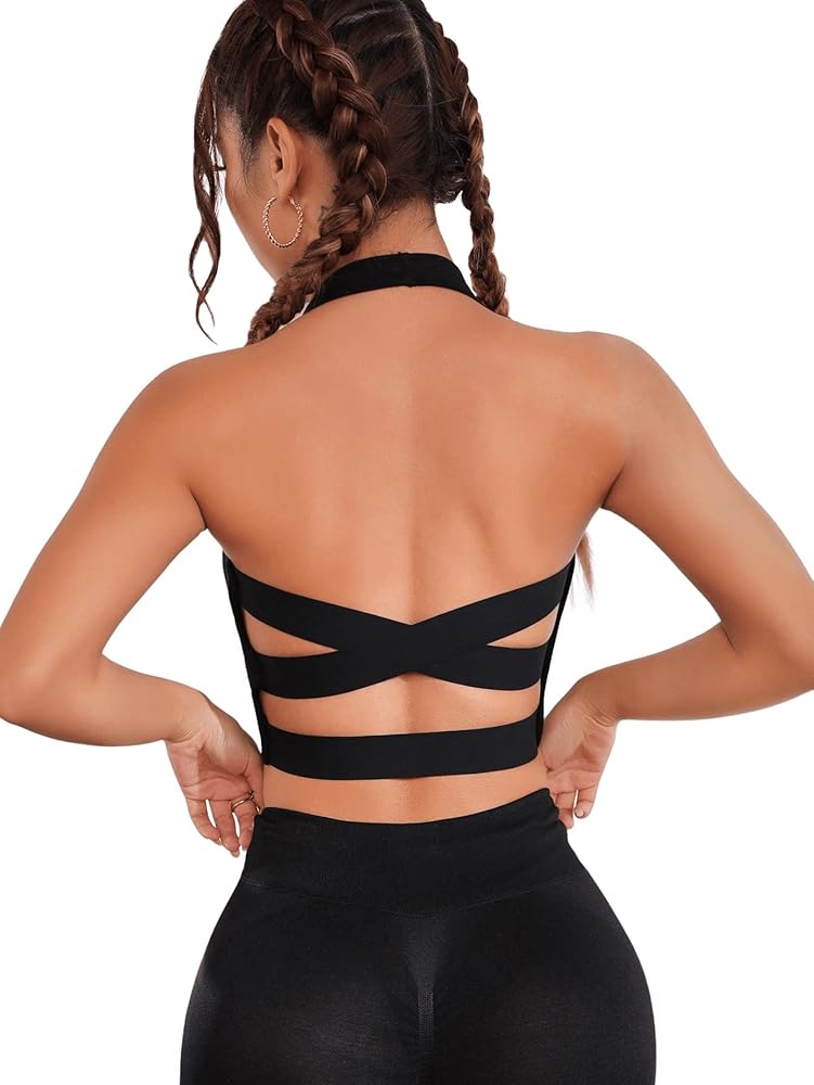 SweatyRocks Women's Medium Support Criss Cross Backless Seamless Halter Sports Bra Activewear