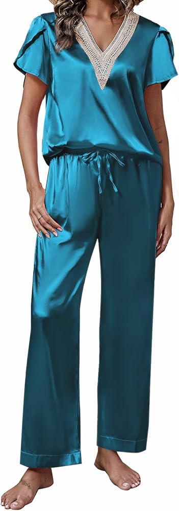 Womens Satin Pajama Sets V Neck Short Petal Sleeve Sleepwear Silk Top with Causal Long Pj Pant Set Nightwear